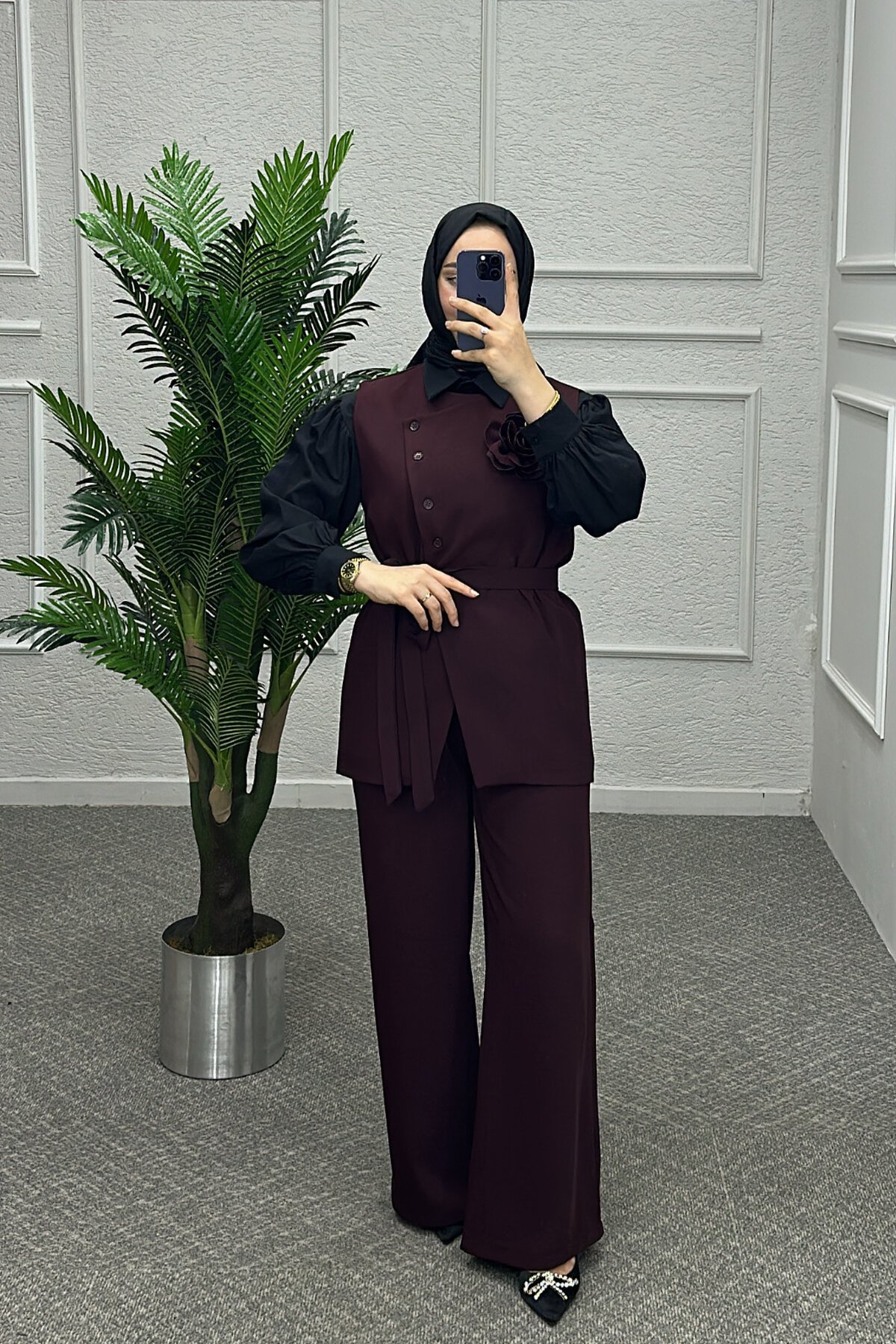 Bordo Bulem Pantolonlu Takım