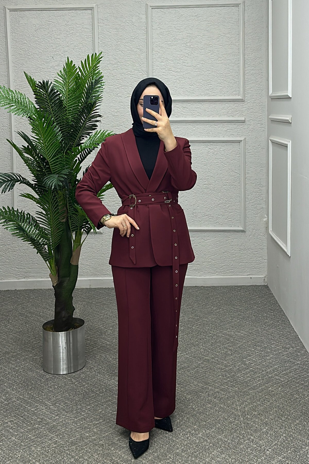 Bordo Çift Kemer Detaylı Takım