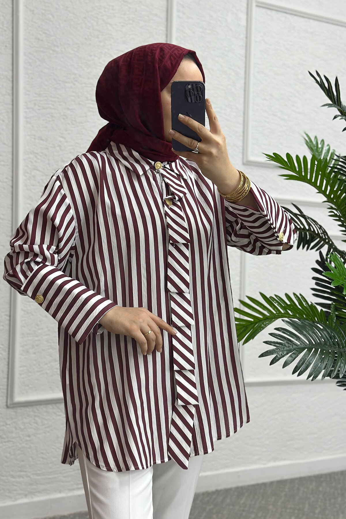 Bordo Çizgili Gömlek