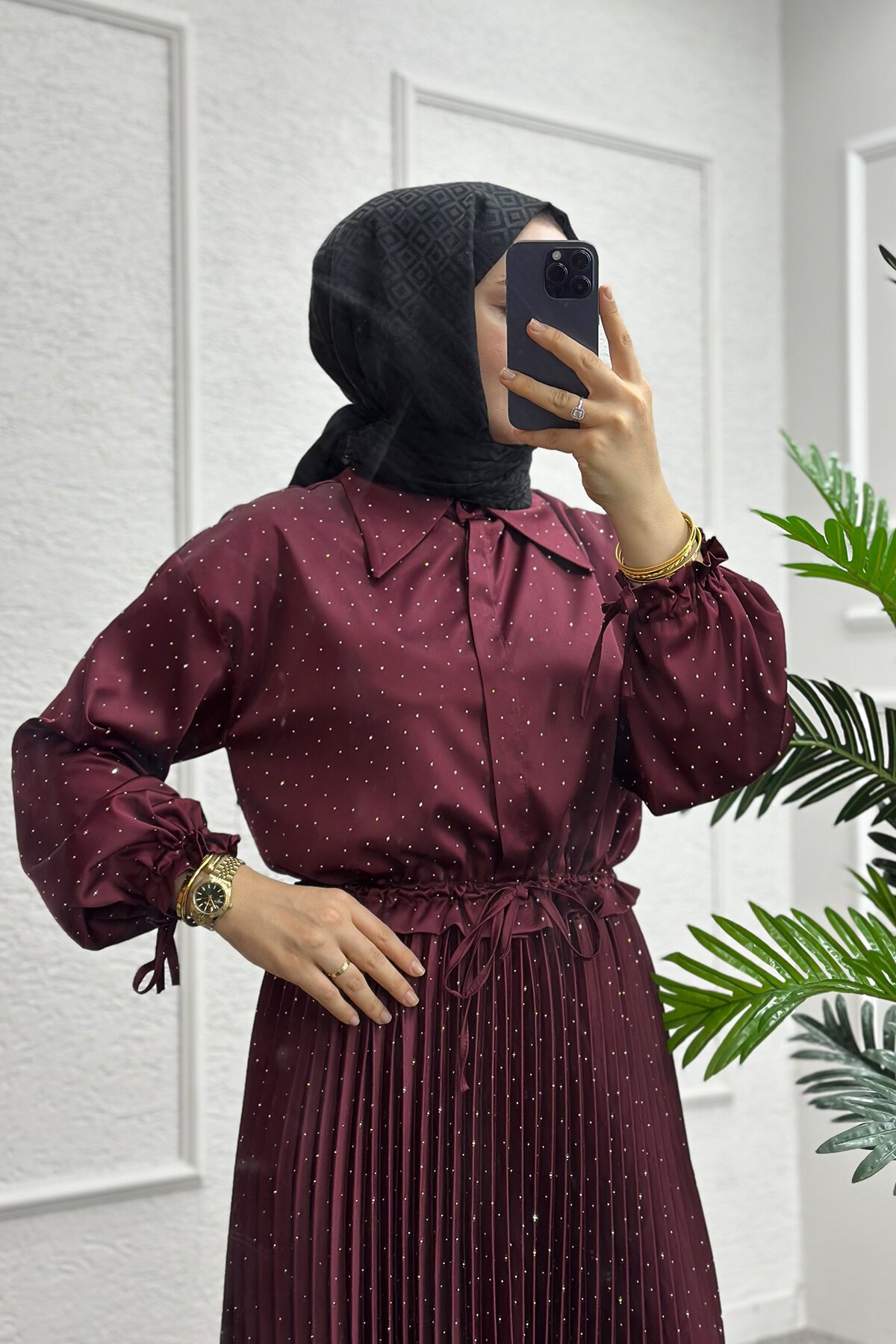 Bordo Yıldız Saten Etekli Takım