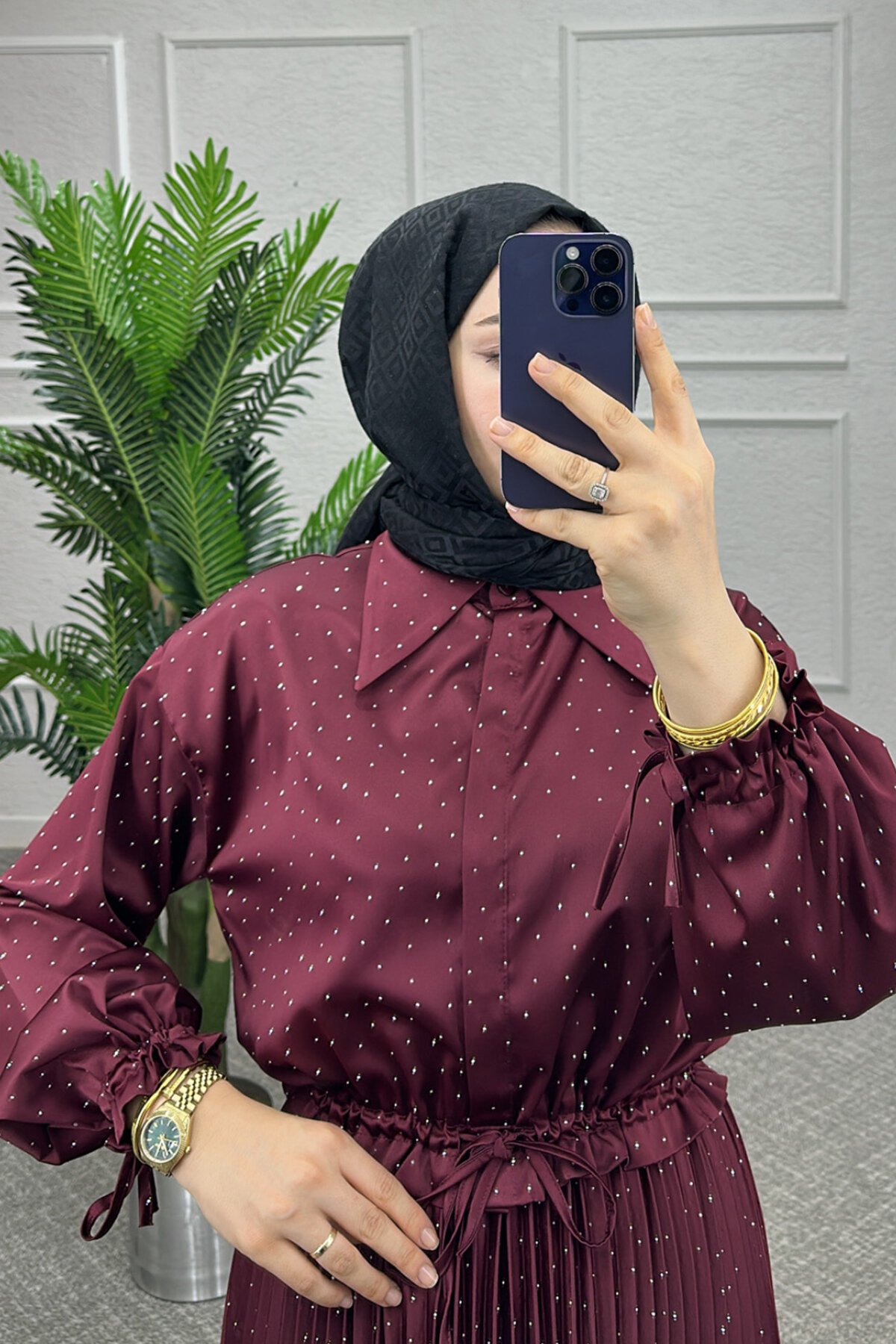 Bordo Yıldız Saten Etekli Takım