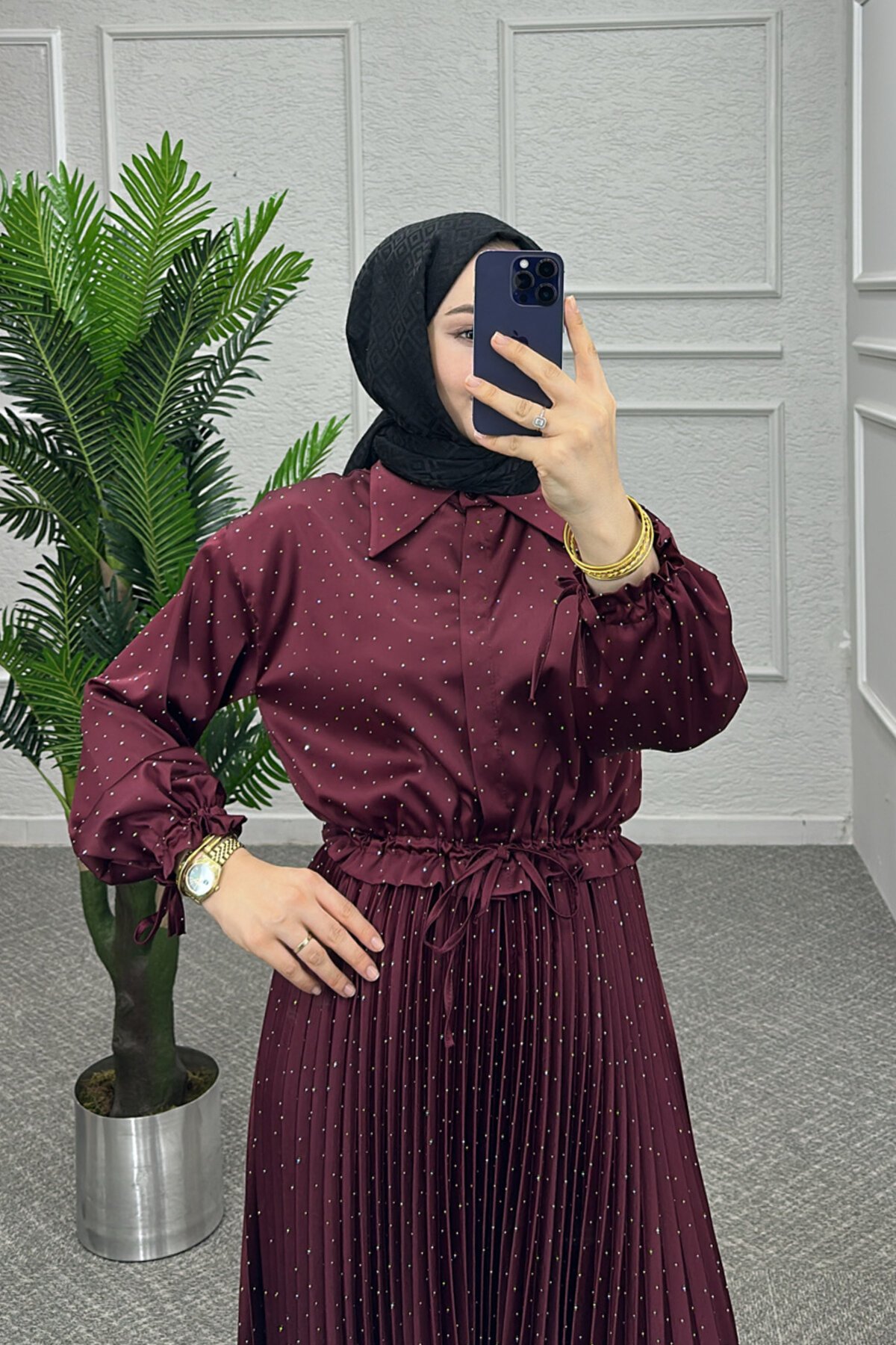 Bordo Yıldız Saten Etekli Takım