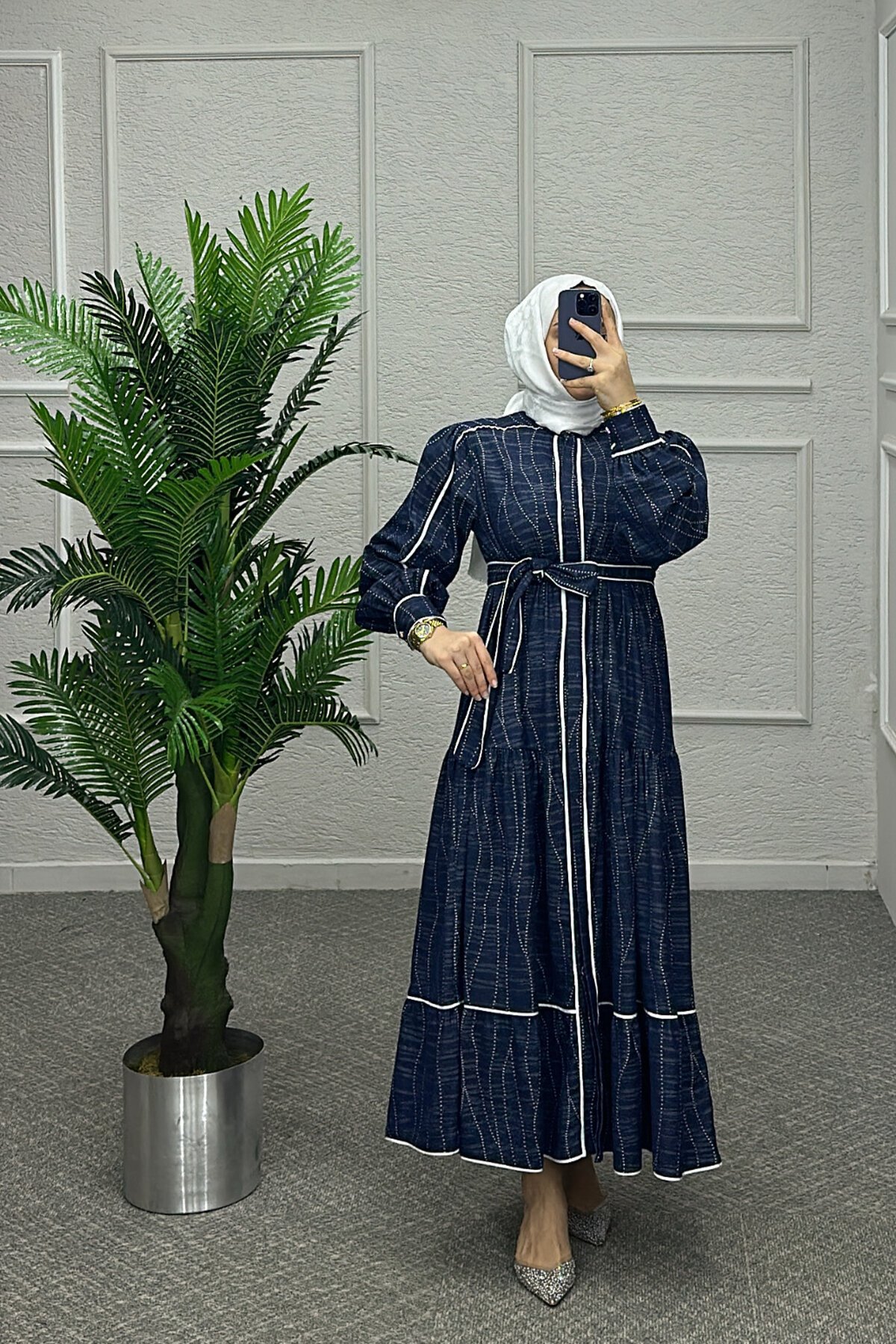 Koyu Mavi Dielen Elbise