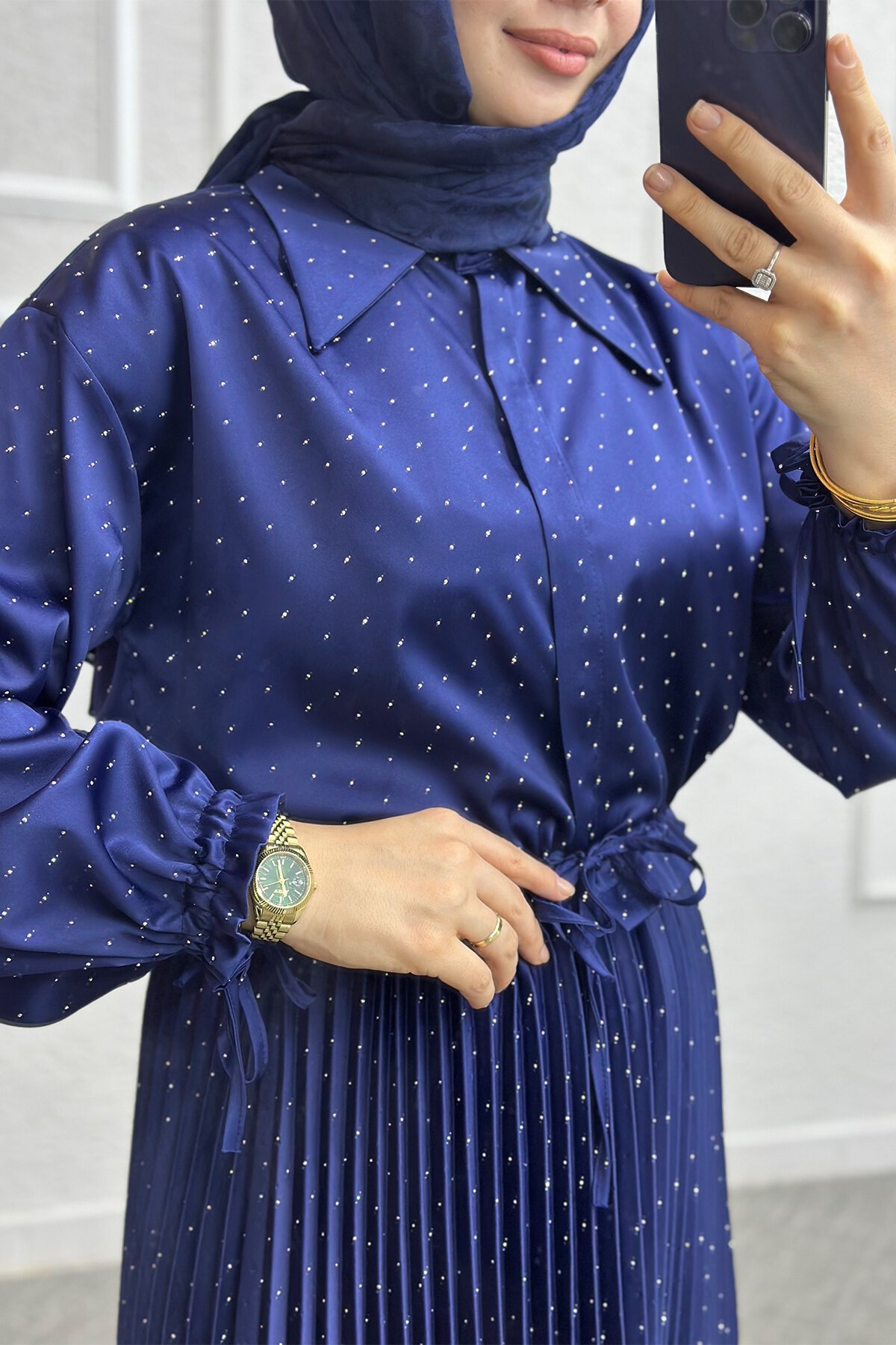 Lacivert Yıldız Saten Etekli Takım