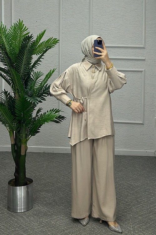 Krem İnem Pantolonlu Takım
